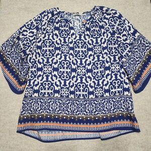 Bebonnie Tunic Blouse Women's XXL Blue White Print‎ Bell Sleeve Lightweight